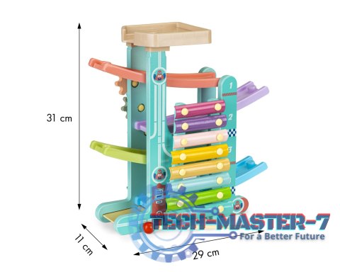 Drewniany tor zjeżdżalnia + 6 autek + cymbałki ECOTOYS ECOTOYS Drewniany tor zjeżdżalnia + 6 autek + cymbałki ECOTOYS ECOTOYS