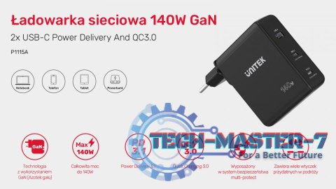 Ładowarka Sieciowa GAN 3 Porty 2x USB-C 1x USB-A 140W; P1115A Ładowarka Sieciowa GAN 3 Porty 2x USB-C 1x USB-A 140W; P1115A