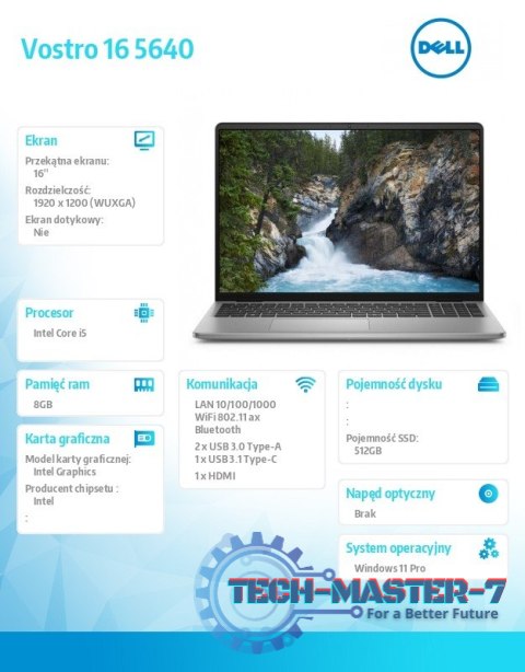Notebook Vostro 16 (5640) Win11Pro i5-1334U/8GB/512GB SSD/16 FHD+/Intel HD/Cam & Mic/WLAN + BT/Backlit Kb/4 Cell/3YPS Notebook Vostro 16 (5640) Win11Pro i5-1334U/8GB/512GB SSD/16 FHD+/Intel HD/Cam & Mic/WLAN + BT/Backlit Kb/4 Cell/3YPS