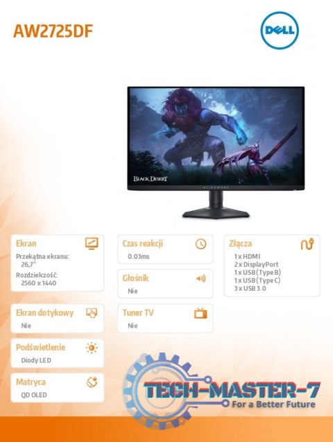 Monitor AW2725DF 27 cali AMD FreeSync/QD-OLED/360Hz/QHD(2560x1440)/16:9/DP/HDMI/USB-C/USB/3Y Monitor AW2725DF 27 cali AMD FreeSync/QD-OLED/360Hz/QHD(2560x1440)/16:9/DP/HDMI/USB-C/USB/3Y