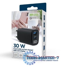 Ładowarka GaN 1xUSB-A 1xUSB-C LCD 30W PD QC3.0 czarna