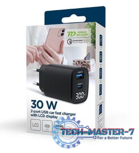 Ładowarka GaN 1xUSB-A 1xUSB-C LCD 30W PD QC3.0 czarna Ładowarka GaN 1xUSB-A 1xUSB-C LCD 30W PD QC3.0 czarna