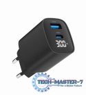 Ładowarka GaN 1xUSB-A 1xUSB-C LCD 30W PD QC3.0 czarna