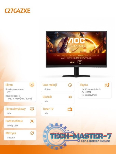 Monitor C27G4ZXE 27 cali Zakrzywiony Fast VA 280Hz HDMIx2 DP Monitor C27G4ZXE 27 cali Zakrzywiony Fast VA 280Hz HDMIx2 DP