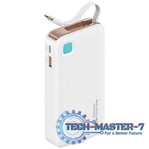 Powerbank 10000mAh 20W zwijany kabel USB-C fast charge Biały