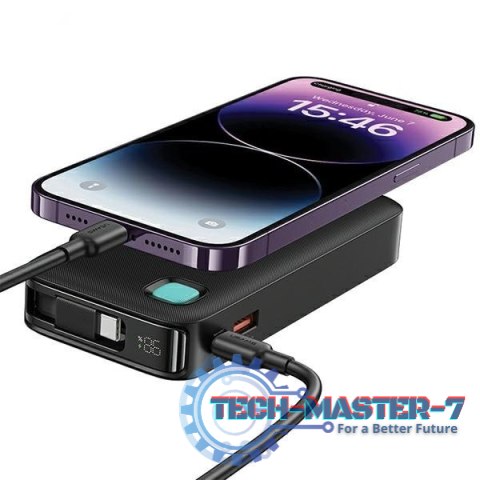 Powerbank 10000mAh 20W zwijany kabel USB-C fast charge Czarny Powerbank 10000mAh 20W zwijany kabel USB-C fast charge Czarny