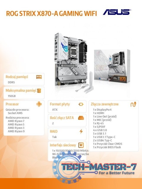 Płyta główna ROG STRIX X870-A GAMING WIFI AM5 4DDR5 HDMI/USBC Płyta główna ROG STRIX X870-A GAMING WIFI AM5 4DDR5 HDMI/USBC