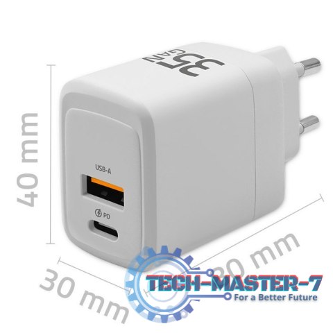 Ładowarka sieciowa 35W GaN | 5-20V | 1.5-3A | 1xUSB-C PD | 1xUSB QC 3.0 | Biała Ładowarka sieciowa 35W GaN | 5-20V | 1.5-3A | 1xUSB-C PD | 1xUSB QC 3.0 | Biała