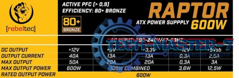 Zasilacz ATX RAPTOR 600W BRONZE 80+,Single Rail, DC-DC Zasilacz ATX RAPTOR 600W BRONZE 80+,Single Rail, DC-DC