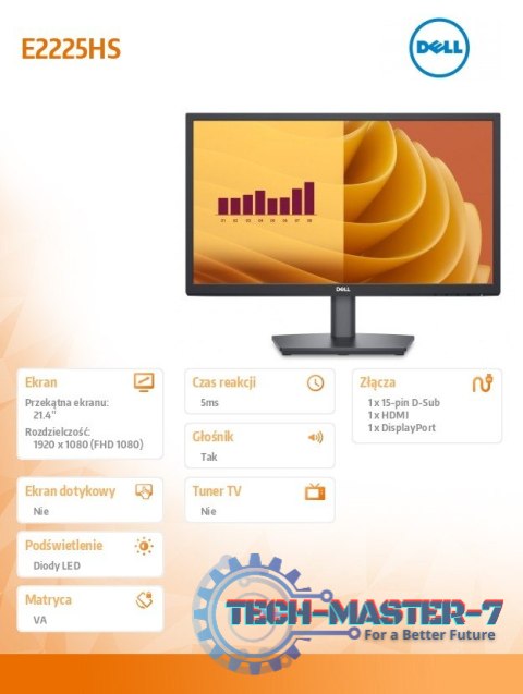 Monitor E2225HS 21.4 cala LED VA FHD/(1920x1080)/16:9/DP/HDMI/VGA/Głośniki/3Y Monitor E2225HS 21.4 cala LED VA FHD/(1920x1080)/16:9/DP/HDMI/VGA/Głośniki/3Y