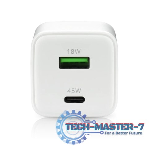 Ładowarka sieciowa GaN 1X USB, 1X USB-C 45W QC4+ PD Biała Ładowarka sieciowa GaN 1X USB, 1X USB-C 45W QC4+ PD Biała
