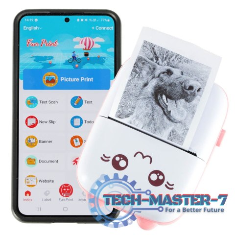 Drukotek drukarka mini termiczna do zdjęć notatek etykiet + kabel USB kotek kot różowy Drukotek drukarka mini termiczna do zdjęć notatek etykiet + kabel USB kotek kot różowy