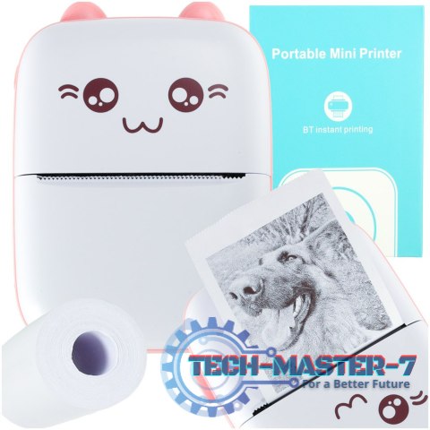 Drukotek drukarka mini termiczna do zdjęć notatek etykiet + kabel USB kotek kot różowy Drukotek drukarka mini termiczna do zdjęć notatek etykiet + kabel USB kotek kot różowy
