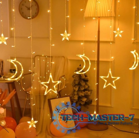 Lampki LED kurtyna księżyc gwiazdki świąteczne choinkowe 2,5m 138LED ciepły biały