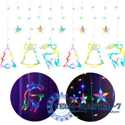 Lampki LED kurtyna renifer dzwonek mix świąteczne choinkowe 2,5m 138LED multikolor 8 trybów świecenia IP44 Lampki LED kurtyna renifer dzwonek mix świąteczne choinkowe 2,5m 138LED multikolor 8 trybów świecenia IP44