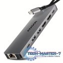 HMC-7HX2 Wieloportovy hub USB 7in1, 5Gbps, 2x USB-A, 1x USB-C, 2x HDMI 4K/60Hz, GLAN, PD 100W, 15cm USB-C kabel