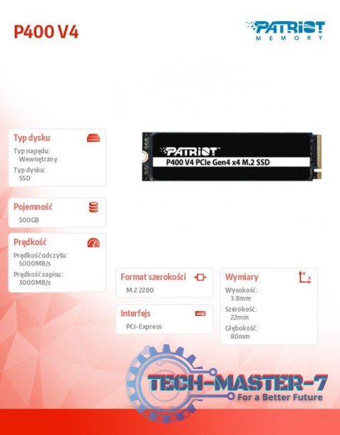 Dysk SSD 500GB P400 V4 5000/3000 MB/s M.2 PCIe Gen4 x4 NVMe 2.0 Dysk SSD 500GB P400 V4 5000/3000 MB/s M.2 PCIe Gen4 x4 NVMe 2.0