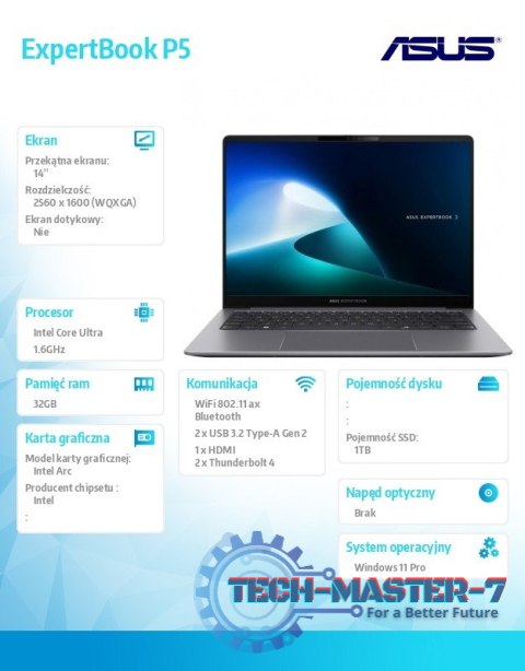 Notebook P5405CSA-NZ0407X ultra 5 228V 14 cali/32GB/1TB/ Win 11 PRO/3YRS Notebook P5405CSA-NZ0407X ultra 5 228V 14 cali/32GB/1TB/ Win 11 PRO/3YRS