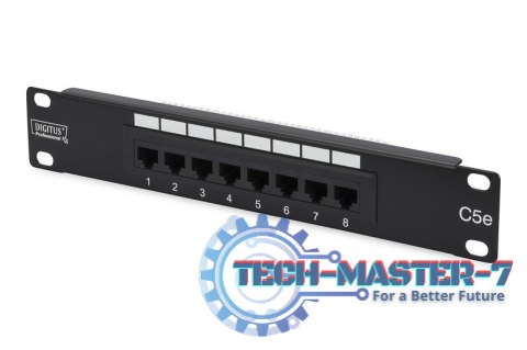 Patch panel 10" 8 portów, kat.5e, U/UTP, 1U, czarny (kompletny)