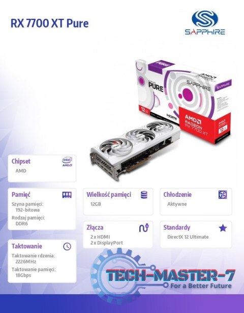 Karta graficzna Radeon RX 7700 XT PURE 12G GDDR6 192bit 2DP/2HDMI Karta graficzna Radeon RX 7700 XT PURE 12G GDDR6 192bit 2DP/2HDMI