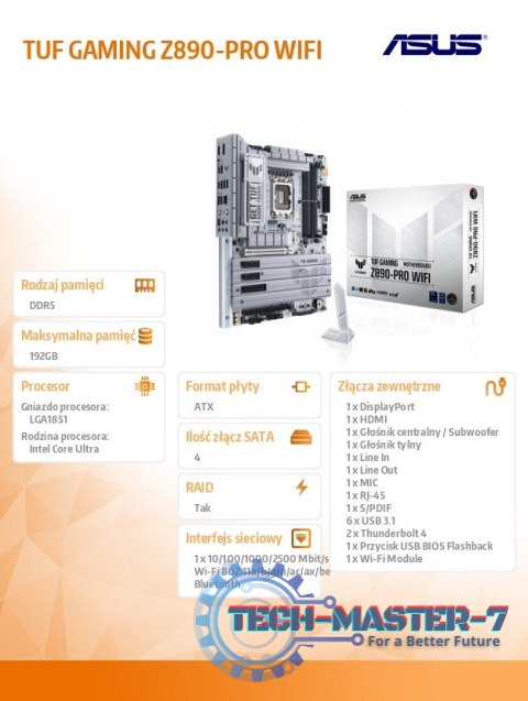 Płyta główna TUF GAMING Z890-PRO WIF I s1851 4DDR5 TB4/DP ATX/90MB1IR0-M0EAY0 Płyta główna TUF GAMING Z890-PRO WIF I s1851 4DDR5 TB4/DP ATX/90MB1IR0-M0EAY0