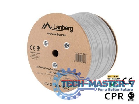 Kabel LAN UFTP Kat-6A 305M drut CU LSZH CPR+ fluke passed, szary