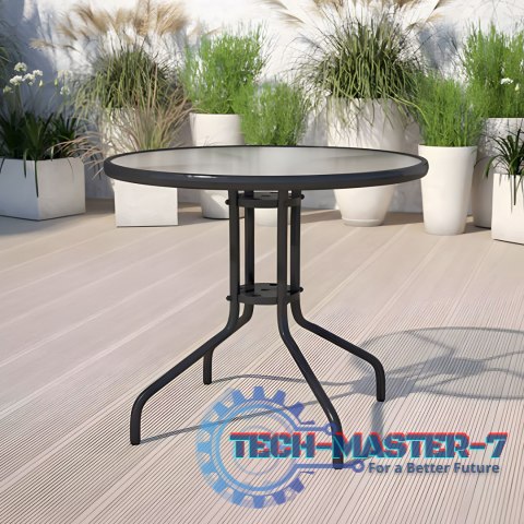 Stolik ogrodowy okrągły 80 cm na taras ogród balkon szkło hartowane otwór na parasol MultiGarden MULTI GARDEN Stolik ogrodowy okrągły 80 cm na taras ogród balkon szkło hartowane otwór na parasol MultiGarden MULTI GARDEN