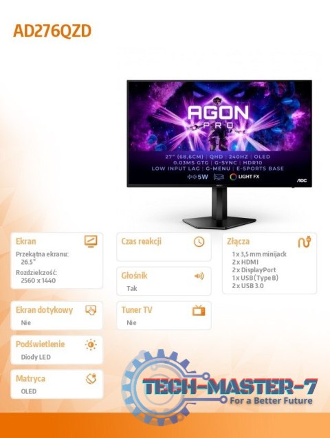 Monitor 27 cali AD276QZD OLED 240Hz HDMIx2 DPx2 Pivot Monitor 27 cali AD276QZD OLED 240Hz HDMIx2 DPx2 Pivot