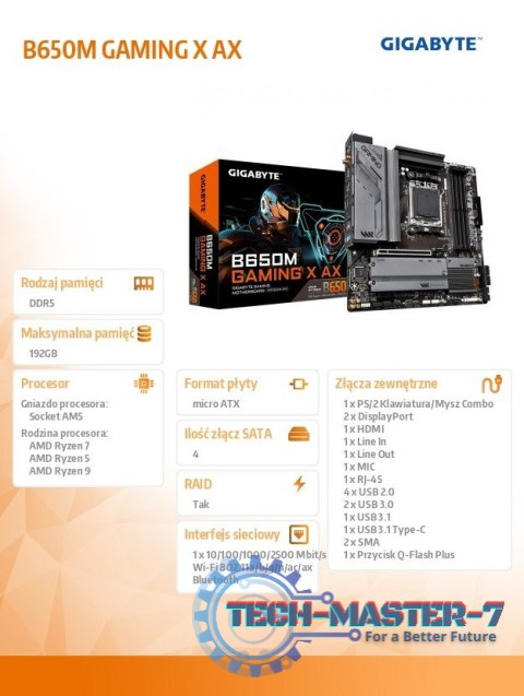 Płyta główna B650M GAMING X AX AM5 4DDR5 HDMI/2DP mATX Płyta główna B650M GAMING X AX AM5 4DDR5 HDMI/2DP mATX