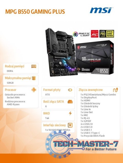 Płyta główna MPG B550 GAMING PLUS AM4 4DDR4 HDMI/DP ATX Płyta główna MPG B550 GAMING PLUS AM4 4DDR4 HDMI/DP ATX