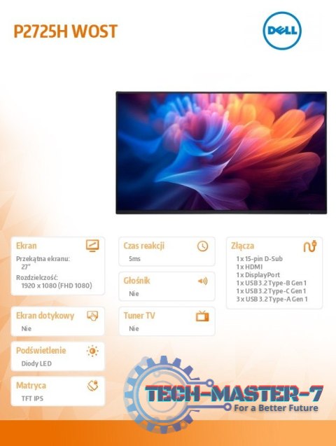 Monitor 27 cali P2725HWO IPS LED FullHD(1920x1080)/16:9/HDMI/DP/USB-C/ VGA/USB/Bez podstawy/3Y Monitor 27 cali P2725HWO IPS LED FullHD(1920x1080)/16:9/HDMI/DP/USB-C/ VGA/USB/Bez podstawy/3Y