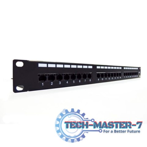 Patch panel 19" 24 porty, kat.6, U/UTP, 1U, wspornik kablowy, czarny (kompletny)