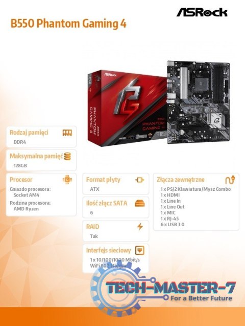 Płyta główna B550 Phantom Gaming 4 AM4 4DDR4 HDMI M.2 ATX Płyta główna B550 Phantom Gaming 4 AM4 4DDR4 HDMI M.2 ATX