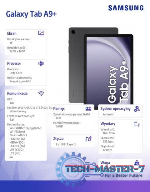 Tablet Galaxy Tab A9+ 11. cali 5G 4/64 GB Szary Tablet Galaxy Tab A9+ 11. cali 5G 4/64 GB Szary