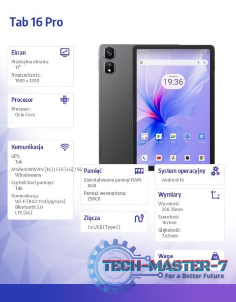 Tablet TAB16 Pro LTE 8/256GB 7700 mAh 11 cala szary Tablet TAB16 Pro LTE 8/256GB 7700 mAh 11 cala szary