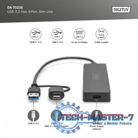 Hub USB 3.0/Koncentrator 4-portowy SlimLine USB A + adapter USB-C 5Gbps, złącze zasilania USB-C Hub USB 3.0/Koncentrator 4-portowy SlimLine USB A + adapter USB-C 5Gbps, złącze zasilania USB-C