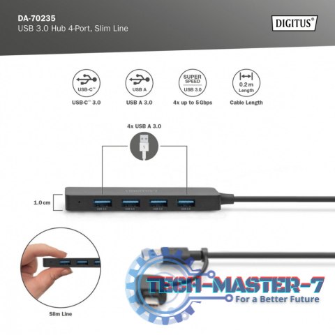 Hub USB 3.0/Koncentrator 4-portowy SlimLine USB A + adapter USB-C 5Gbps, złącze zasilania USB-C Hub USB 3.0/Koncentrator 4-portowy SlimLine USB A + adapter USB-C 5Gbps, złącze zasilania USB-C
