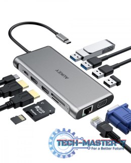 CB-C78 aluminiowy HUB USB-C | 12w1 | RJ45 Ethernet 10/100/1000Mbps | 2xUSB 3.1 | 2xUSB 2.0 | 2xHDMI 4k@30Hz | VGA | SD i microSD