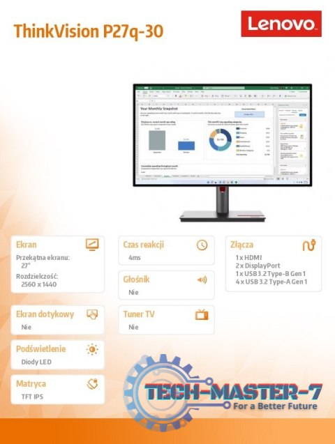 Monitor 27 cali ThinkVision P27q-30 WLED LCD 63A2GAT1EU Monitor 27 cali ThinkVision P27q-30 WLED LCD 63A2GAT1EU