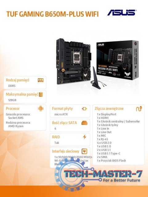 Płyta główna TUF GAMING B650M-PLUS WIFI AM5 4DDR5 HDMI mATX Płyta główna TUF GAMING B650M-PLUS WIFI AM5 4DDR5 HDMI mATX