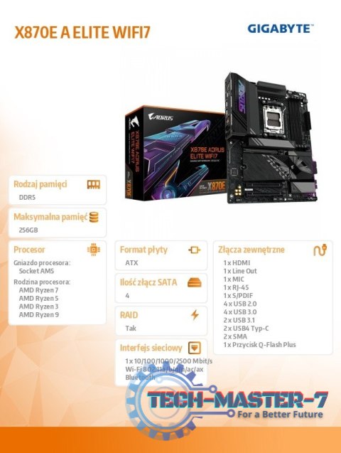Płyta główna X870E A ELITE WIFI7 AM5 4DDR5 HDMI/USB-C ATX Płyta główna X870E A ELITE WIFI7 AM5 4DDR5 HDMI/USB-C ATX