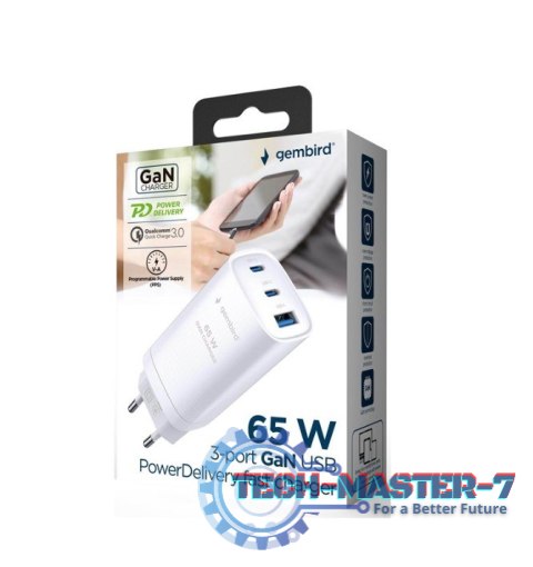 GEMBIRD SZYBKA ŁADOWARKA USB POWER DELIVERY USB TYPU C, 3X USB, 65 W, GAN BIAŁA GEMBIRD SZYBKA ŁADOWARKA USB POWER DELIVERY USB TYPU C, 3X USB, 65 W, GAN BIAŁA