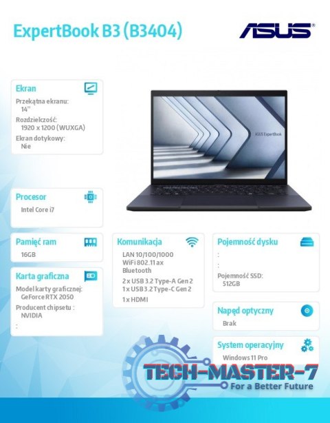 Notebook ExpertBook B3 B3404CVF-Q50005X - i7-1355U/16GB/512GB/RTX 2050/14 WUXGA/Win 11 PRO/3YRS Notebook ExpertBook B3 B3404CVF-Q50005X - i7-1355U/16GB/512GB/RTX 2050/14 WUXGA/Win 11 PRO/3YRS