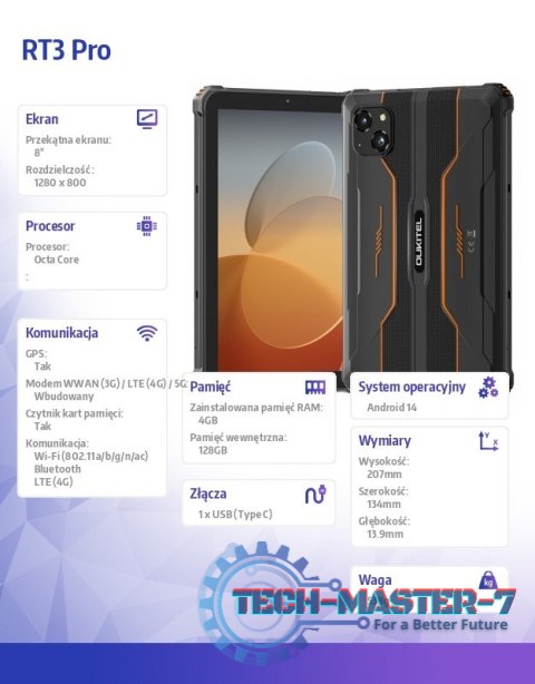 Tablet RT3 Pro 4G 8 cali 4/128GB Rugged Pomarańczowy Tablet RT3 Pro 4G 8 cali 4/128GB Rugged Pomarańczowy
