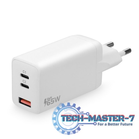Ładowarka USB/USB-C QC4+ 65W technologia GaN Biała Ładowarka USB/USB-C QC4+ 65W technologia GaN Biała