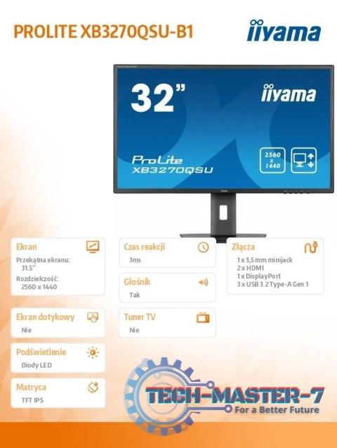 Monitor 32 cale XB3270QSU-B1 IPS,WQHD,HDMI,DP,100Hz,250cd,3ms,2x2W, 3xUSB(3.2),FlickerFree,VESA,HAS(150mm) Monitor 32 cale XB3270QSU-B1 IPS,WQHD,HDMI,DP,100Hz,250cd,3ms,2x2W, 3xUSB(3.2),FlickerFree,VESA,HAS(150mm)