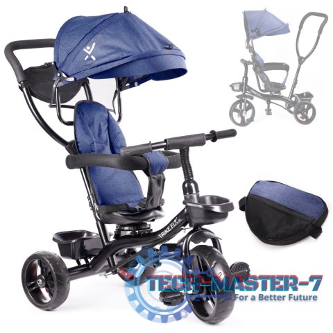 Rowerek trójkołowy Trike Fix Lite 3w1 z daszkiem obracany regulowany spacerówka prowadnik pasy granatowy Rowerek trójkołowy Trike Fix Lite 3w1 z daszkiem obracany regulowany spacerówka prowadnik pasy granatowy
