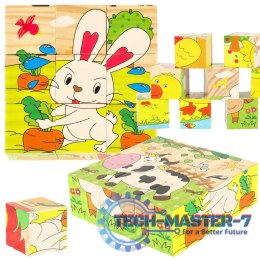 Klocki drewniane edukacyjne puzzle układanka kostki Farma 6w1 9el.