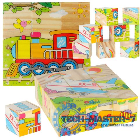 Klocki drewniane edukacyjne puzzle układanka kostki Pojazdy 6w1 9el.