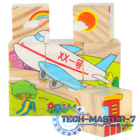 Klocki drewniane edukacyjne puzzle układanka kostki Pojazdy 6w1 9el. Klocki drewniane edukacyjne puzzle układanka kostki Pojazdy 6w1 9el.